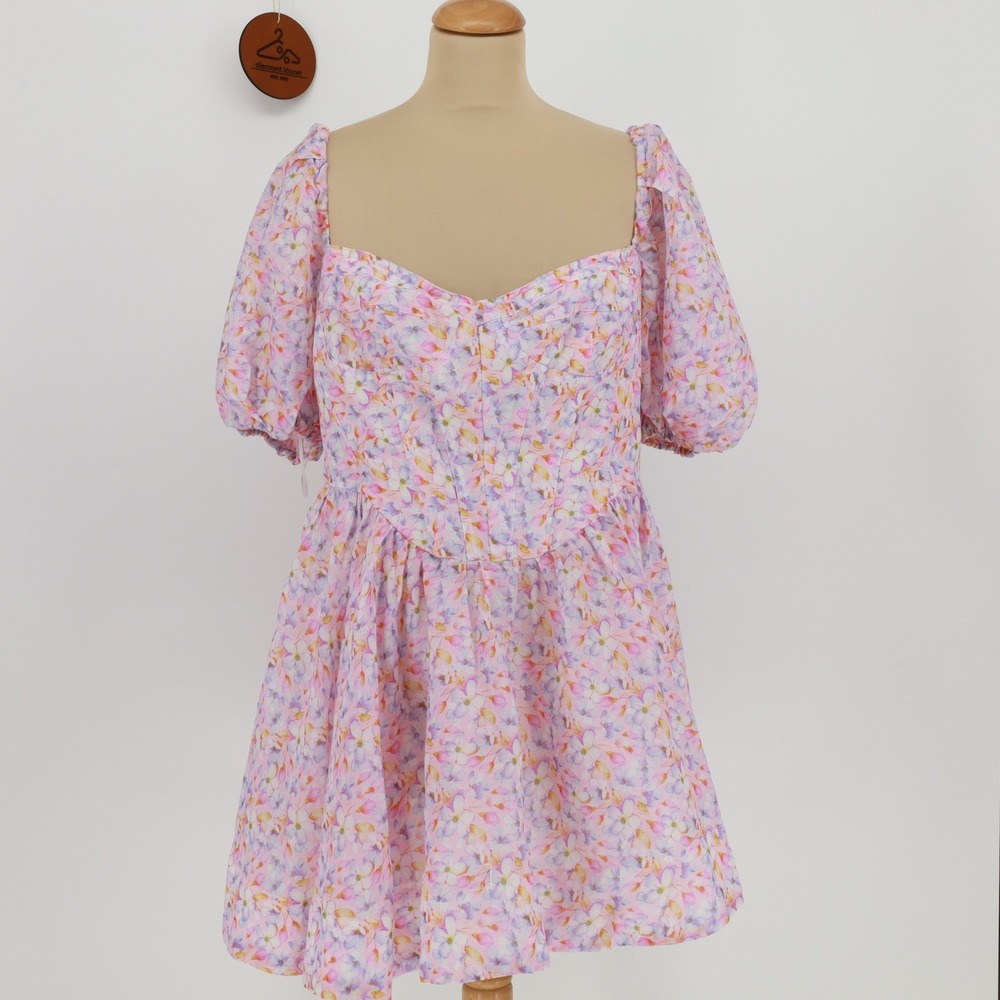 Bardot Kiah Floral Ramie Corset Mini Dress Puff Sleeve Size 10 Romantic Coquette